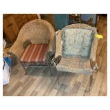 A PAIR OF METAL FRAMED WICKER STYLE CHAIRS