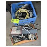 A BOX AND CRATE WITH MISCELLANEOUS CABLES ELECTRIC