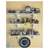 CONTENTS OF THREE SHELVES ON WALL SALT AND PEPPER