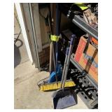 GROUP OF YARD TOOLS PUSH BROOM RAKE SHOVEL ETC