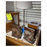 CONTENTS ON TOP OF NIGHTSTAND JEWELRY BOX, BOOKEND