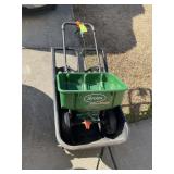 TWO OLD PLASTIC GARDEN CART AND SCOTTS 3000 SPEEDY