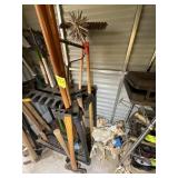 GROUP OF YARD TOOLS RAKE DOUBLE-HEADED AX POST HOL