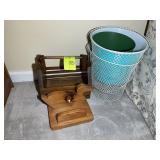 SMALL WOODEN BASKET AND METAL TRASH CANS