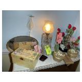 CONTENTS ON TOP OF SHELF, INCLUDING LAMP, 15 INCHE