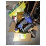 BOX WITH MISCELLANEOUS TOOLS NAIL GUN SANDPAPER CH
