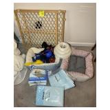 GROUP OF PET ITEMS, BEDS, TRAINING PADS, GATE, TOY