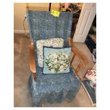 WOODEN GLIDER WITH ATTACHED BLUE UPHOLSTERY