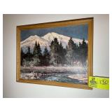 PAIR OF FRAMED PRINTS CABIN SCENE WITH MOUNTAINS 1