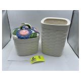 TWO BASKET STYLE COOKIE JARS ONE LID WITH PINK AND