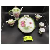 GREEN AND WHITE TEA SET WITH PINK FLOWERS MARKED N