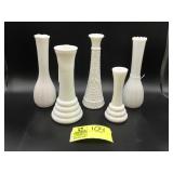 GROUP OF FIVE WHITE MILK GLASS VASES