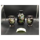 GROUP OF THREE BROWN MADE IN JAPAN VASES WITH FLOR