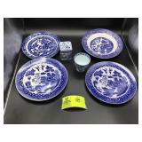 GROUP OF VINTAGE POTTERY BLUE AND WHITE THEMED PLA