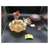 GROUP OF VINTAGE ORANGE CARNIVAL GLASS CENTERPIECE