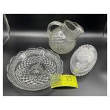 GROUP OF CLEAR GLASS SERVING PIECES WATER PITCHER