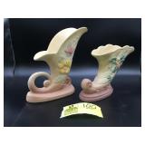PAIR OF VINTAGE HULL ART MAGNOLIA CORNUCOPIA VASES