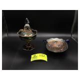 PAIR OF CARNIVAL GLASS CANDY DISHES ONE LIDDED