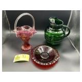 GROUP INCLUDING RED SERVING DISH PINK GLASS BASKET