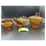 GROUP OF VINTAGE AMBER COLORED GLASS DISHES FRUIT