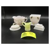 GROUP INCLUDING PINK MILK GLASS DISHES WITH LIDS A