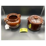 PAIR OF STONEWARE STYLE BEAN POTS ONE WITH LID ONE