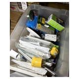 PLASTIC TOTE WITH MISC ELECTRICAL SUPPLIES, PLUG,