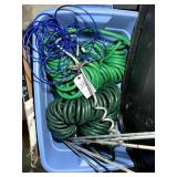 TOTE WITH MISC HOSES STAKES, PLASTIC CONTAINERS
