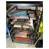 METAL RACK WITH MISC SANDPAPER AND PAINTING SUPPLI