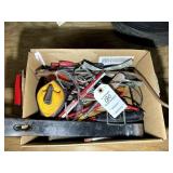 BOX INCLUDING MISC HAND TOOLS, PRY BAR, CHALK LINE
