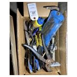 BOX OF MISC HAND TOOLS, PLIERS, PRY BAR, CHALK, ET