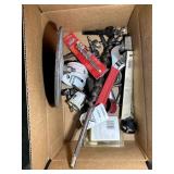 BOX OF MISC TOOLS, CRESCENT WRENCH, HOLE SAWS, DRI