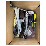 BOX OF MISC HAND TOOLS, 100FT TAPE MEASURE, CRESCE