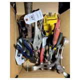 BOX CONTAINING MISC HAND TOOLS, VISE GRIPS, SNIPS,