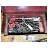 TOOLBOX WITH MISC DRILL BITS, SQUARE, MISC BOLTS,