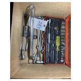 BOX OF MISCELLANEOUS SOCKETS WRENCHES RATCHES ETC