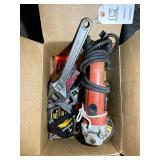 BOX WITH MISC TOOLS, CRESCENT WRECNCHES, TAPE MEAS