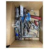 BOX OF MISC WRENCHES, RATCHETS, SOCKET EXTENSIONS