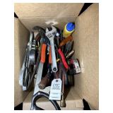 BOX OF MISC HAND TOOLS, STAPLE GUN, CRECENT WRENCH
