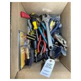 BOX OF MISC HAND TOOLS, CRESCENT WRENCH, MALLET, S