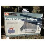 TWO BURNER CAMPING STOVE AND COLEMAN PORTABLE GAS