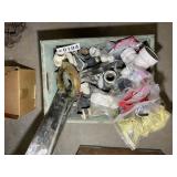 WOODEN BOX WITH MISCELLANEOUS PLUMBING SUPPLIES PV