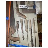 GROUP OF VINTAGE TOOLS, CHISELS, SAW, MALLET, HAMM