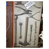 GROUP OF VINTAGE TOOLS, PLYERS, WRENCHES, HAMMER,