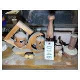 GROUP OF MISCELLANEOUS WOODEN ITEMS LANTERNS ETC