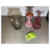 GROUP OF THREE DECORATIVE VASES, PINK SWIRL SMOKE