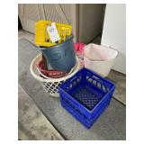 GROUP OF PLASTIC BASKETS AND CRATE