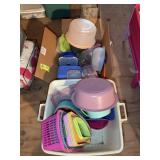 TWO TOTES OF MISC PLASTIC STORAGE CONTAINERS, BASK