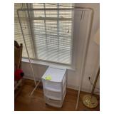 ROLLING THREE DRAWER PLASTIC STORAGE BIN AND METAL