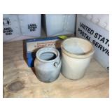 GROUP OF CROCKS AND METAL FIRST AID BOX, NO CONTEN